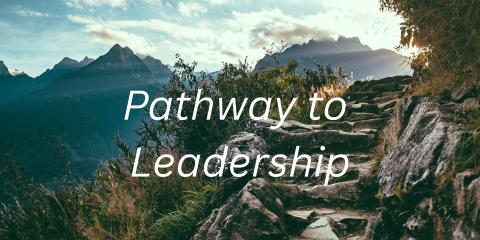 'Pathway to leadership' text against image of mountain path