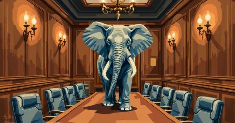 Elephant standing on a boardroom table